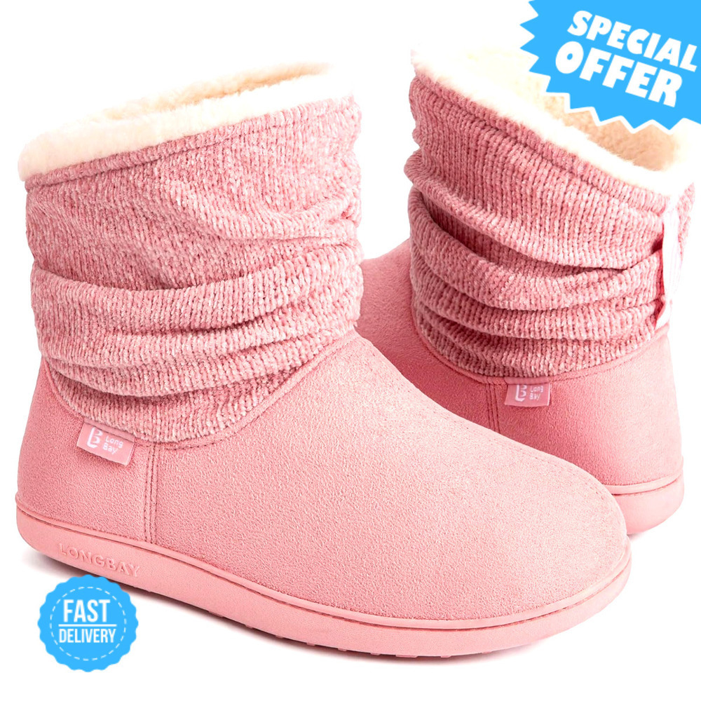 BRAND NEW LongBay Chenille Knit Bootie Slippers with Faux Fur